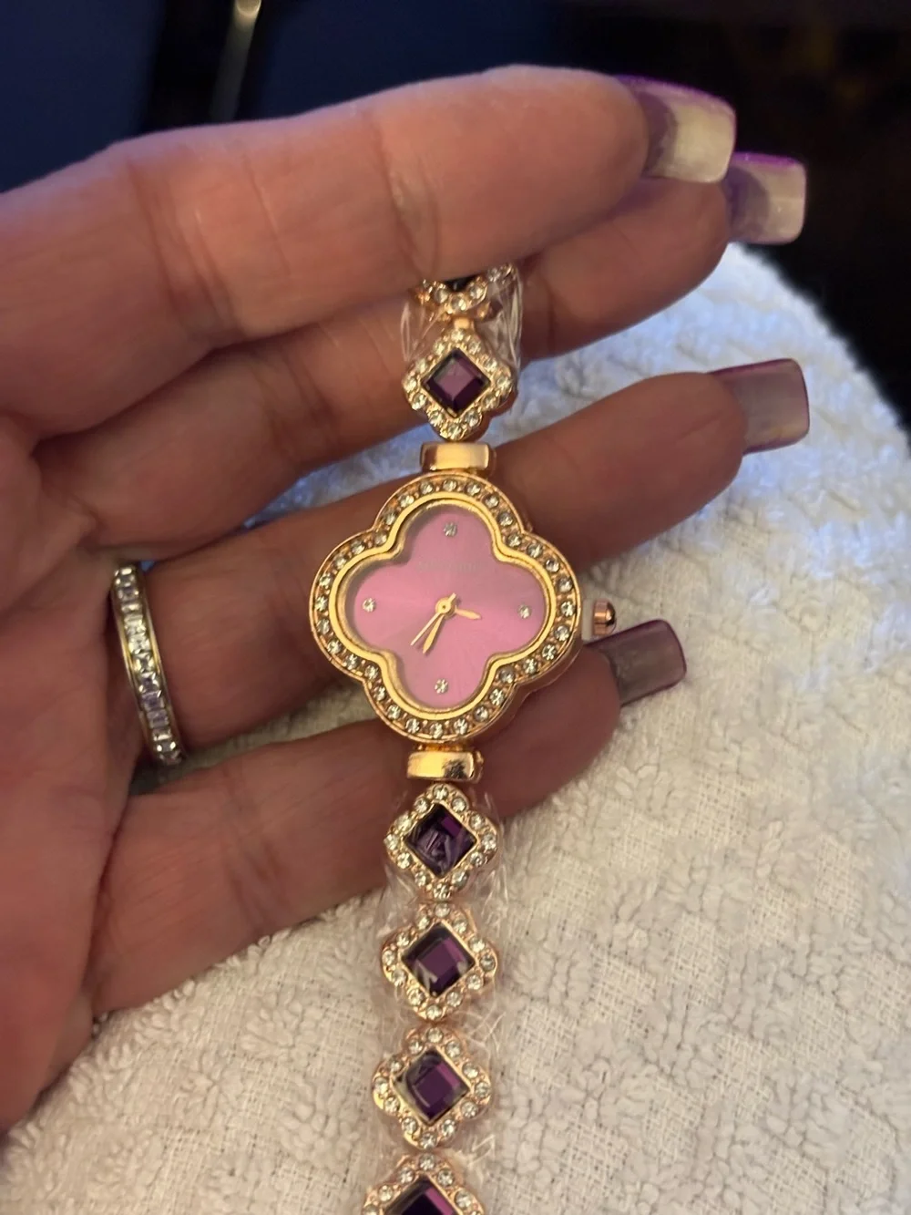 Watch-Purple 4 Leaf Clover Rose GOLD Watch Diamond like Bracelet Slim Watch Jew